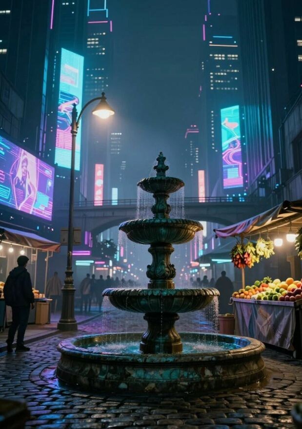 Овощная лавка в Киберсити, среди небоскребов города будущего сохранилась старинная площадь с фонтаном и мостовой. Н этой площади рынок с фруктами и овощами 