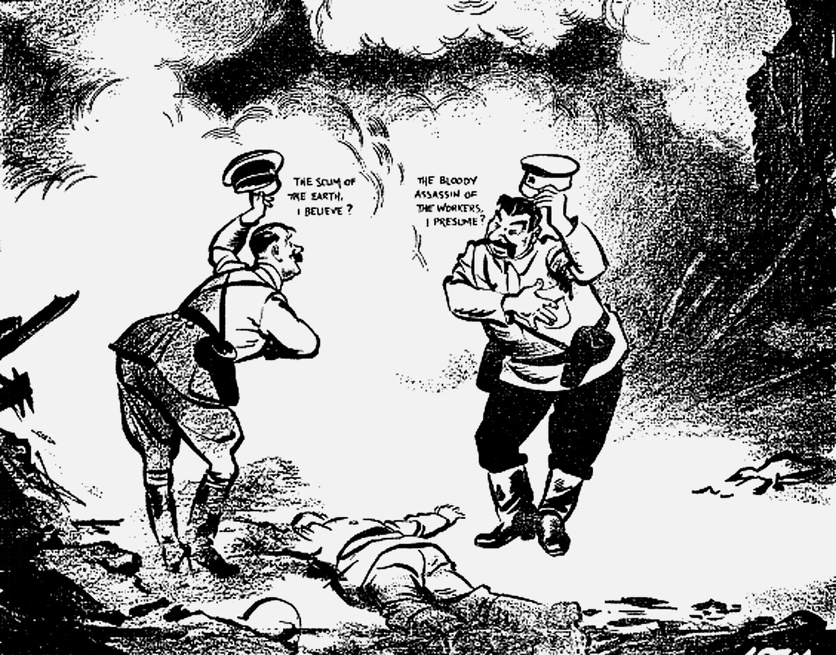 «Рандеву». Карикатура Дэвида Ло. Опубликована в британской газете «Evening Standard» 20 сентября 1939 года. Изображает встречу Гитлера и Сталина после раздела Польши