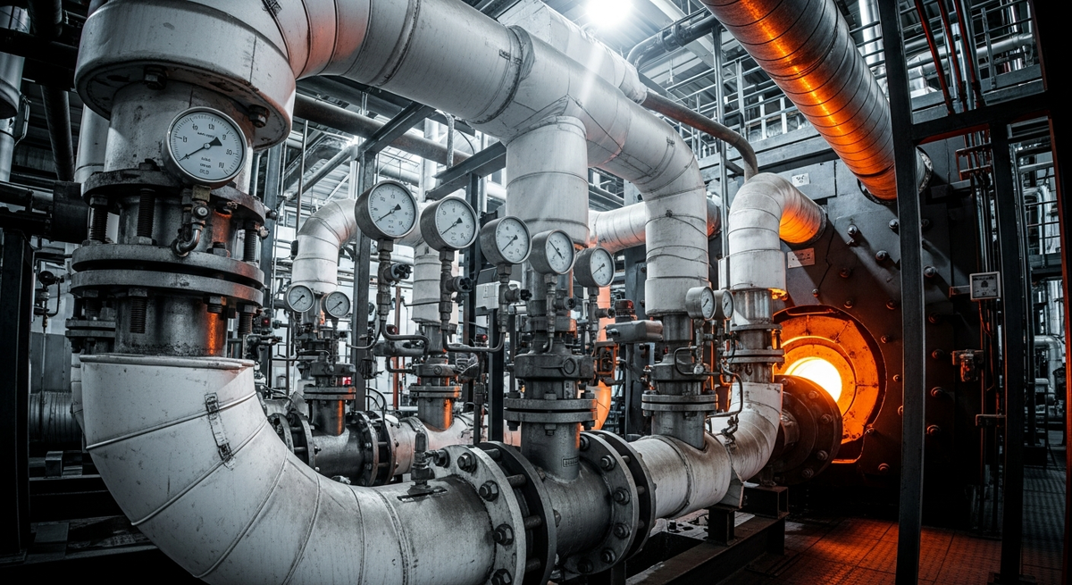 Паропроводы в котельном зале: видны теплоизоляция, арматура, приборы давления