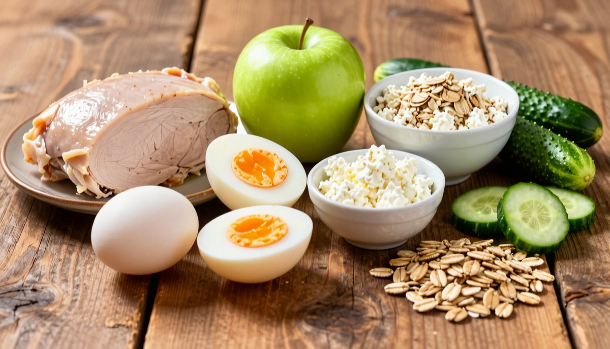 Базовый набор продуктов для начала диеты №5 — все это доступно в любом супермаркете или на рынке весной. Источник Алиса AI