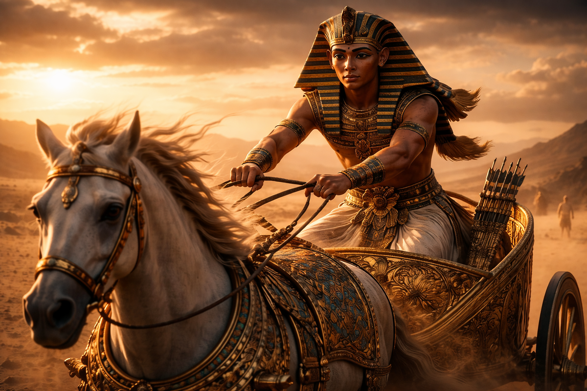Визуализация: юный фараон на позолоченной колеснице, управляющий лошадьми