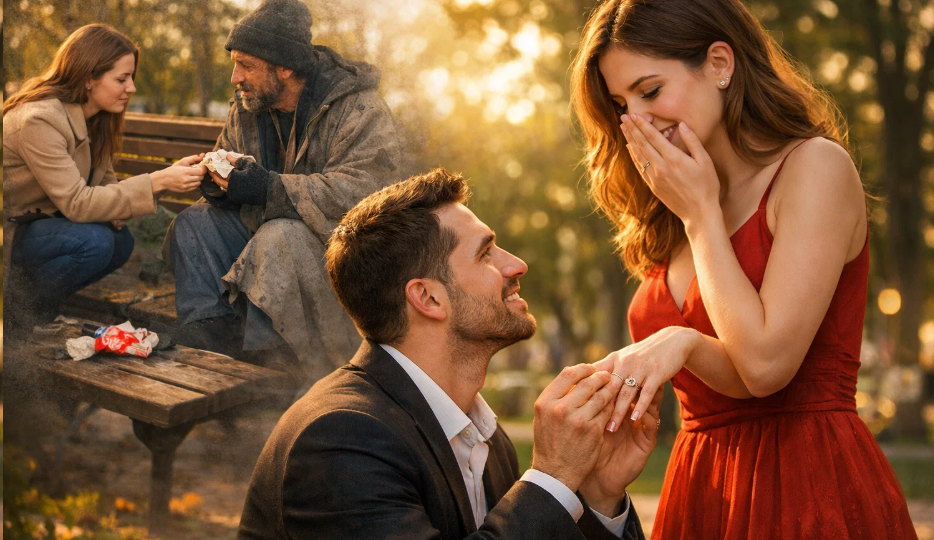 Девушка пожалела бомжа в парке, а через месяц он надел ей на палец бриллиант вместо фантика