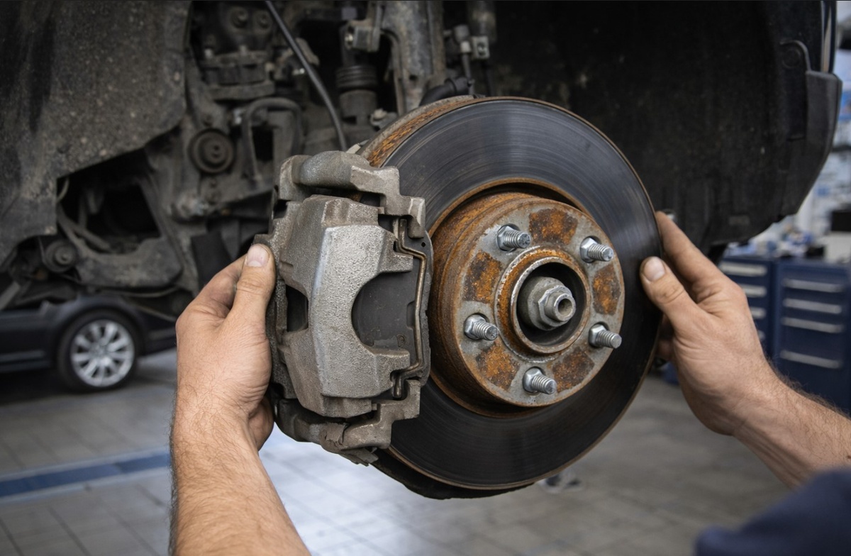 Проверка тормозных колодок и дисков после зимы — типичная коррозия от реагентов