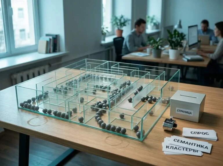    Намерения сходятся в кластеры и оформляются в одну целевую страницу. "Kontenium"