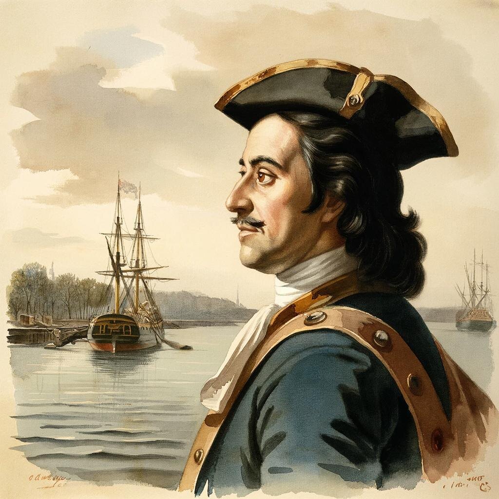 Подпись: «1706 год, Нева. Деревянные мускулы империи. Пётр ещё не знает, что у этой скорлупки появятся атомные правнуки