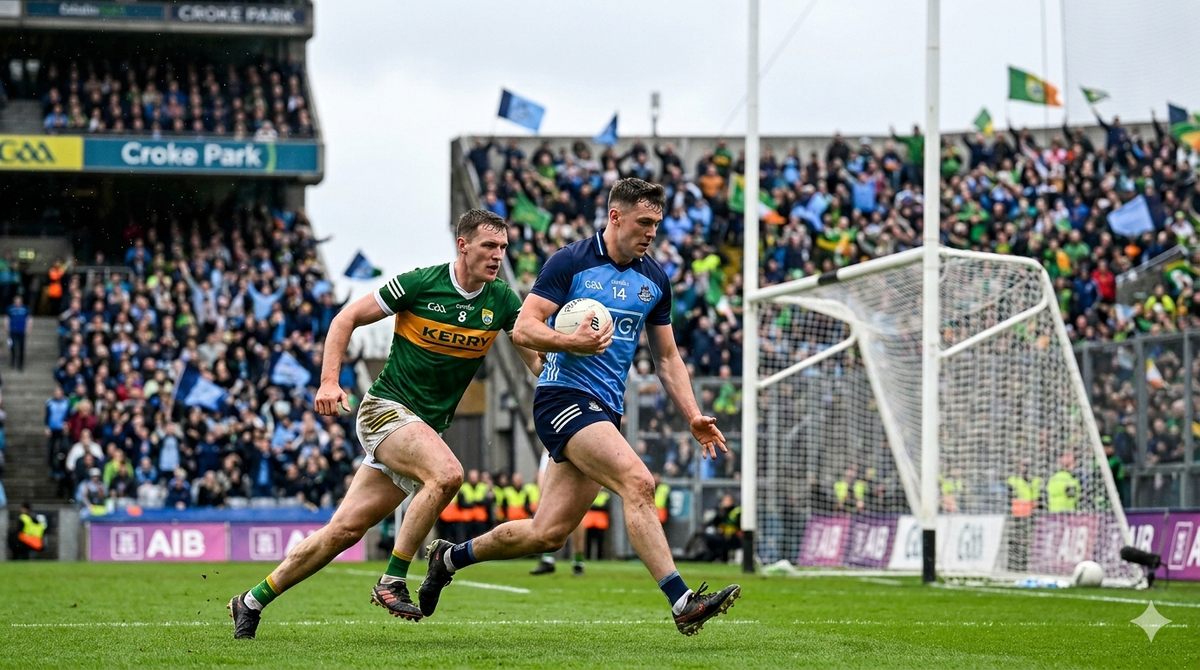 Ирландский азарт на Кроук Парке в Дублине: Миг гэльского футбола. Изображение сгенерировано с помощью ИИ.