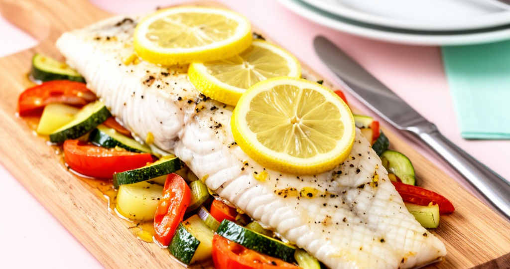 Рыбное филе, запечённое с лимоном и овощами
