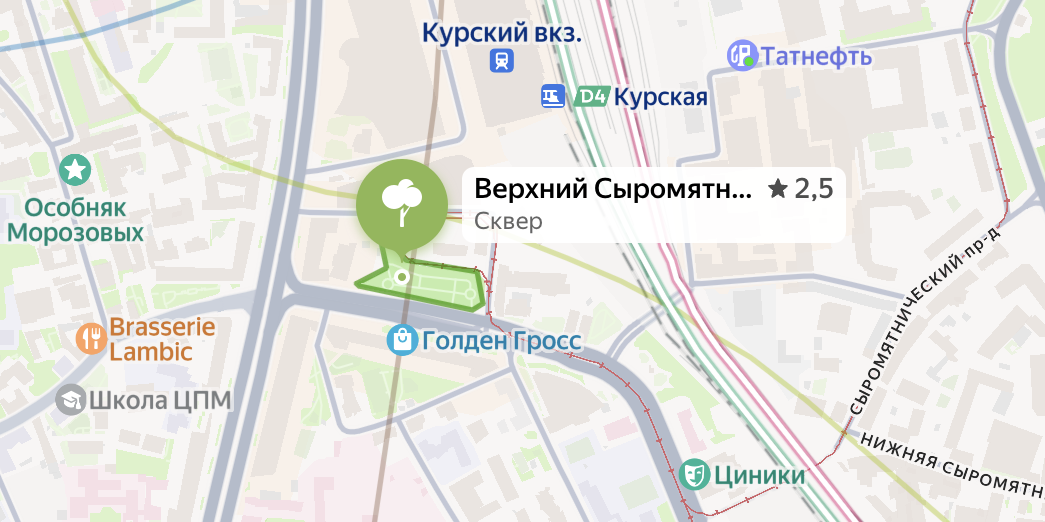 Верхний Сыромятнический сквер на современной карте Москвы. Яндекс.Карты.