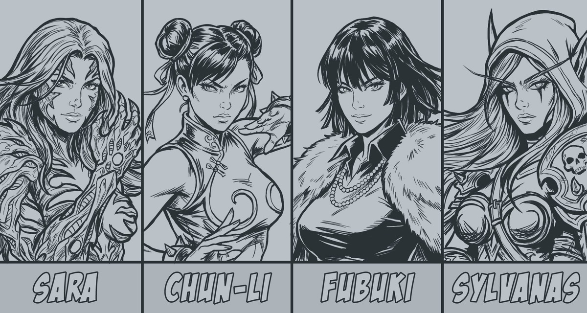 Потретные рисунки по комиксу Клинок ведьм, игре Стрит Файтер, аниме Ванпанчмен, игре World of Warcraft