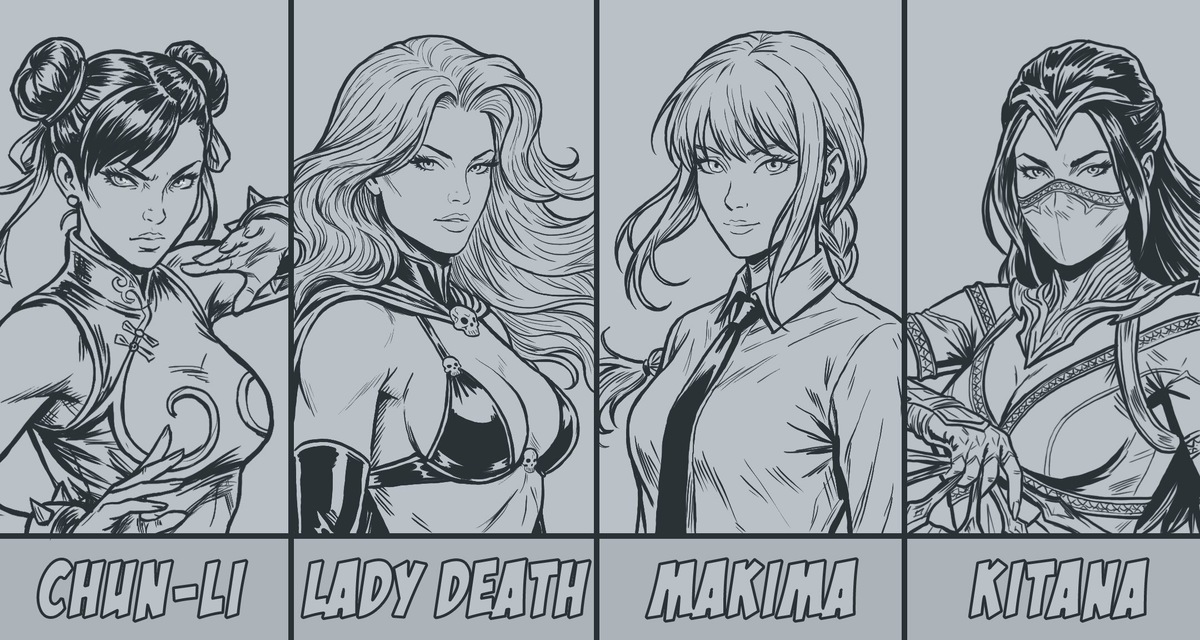 Потретные рисунки игре Стрит Файтер, комиксу Леди Смерть, аниме Человек-бензопила, игре Мортал Комбат