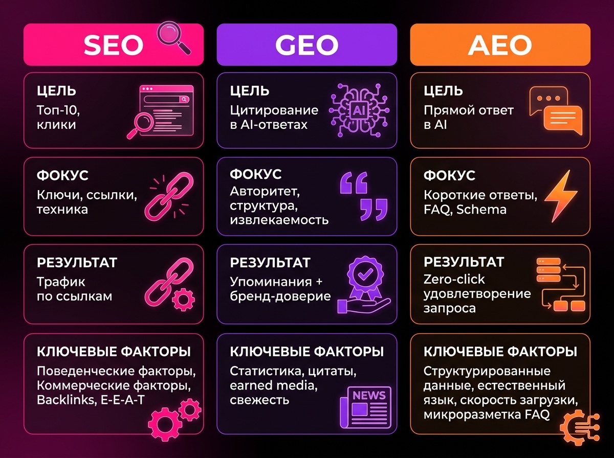 Сравнение SEO, GEO и AEO по критериям