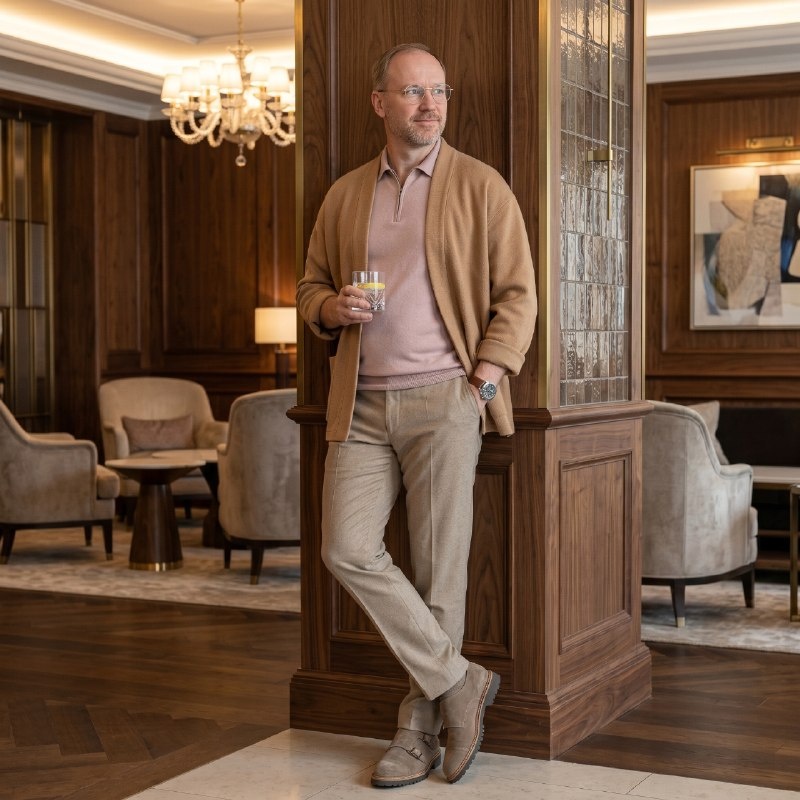 джемпер-поло из кашемира с шелком, жакет-кардиган из верблюжьей шерсти, чинос из фланели