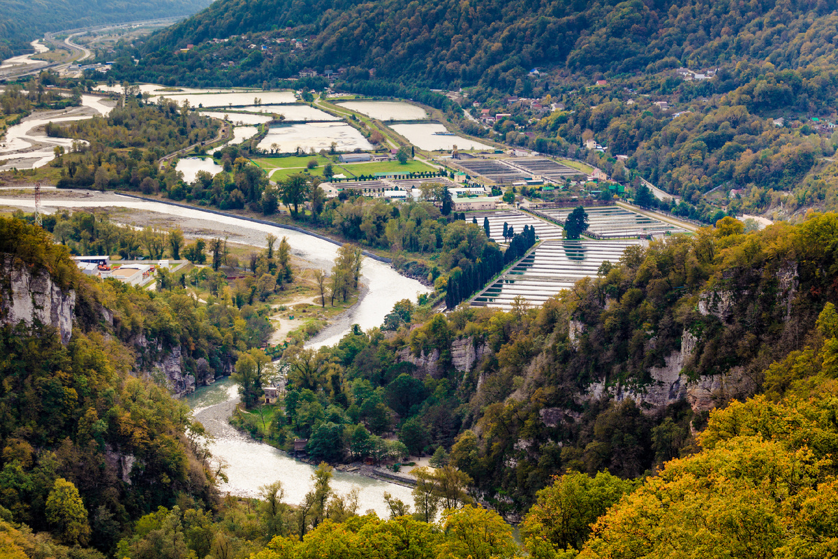 Панорамный вид с самого длинного в мире подвесного пешеходного моста в Скайпарке, Сочи. Источник: Shutterstock