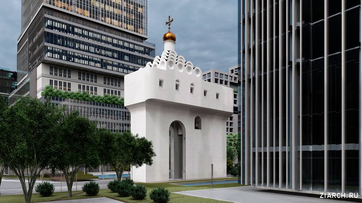 Храм Иоанна Лествичника на уровне пешехода: белый объём с арочным порталом и звонницей-закомарами, зажатый между стеклянным и каменным фасадами бизнес-центра.