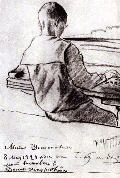 Митя Шостакович за фортепиано - рисунок Бориса Кустодиева, 8 мая 1920 года