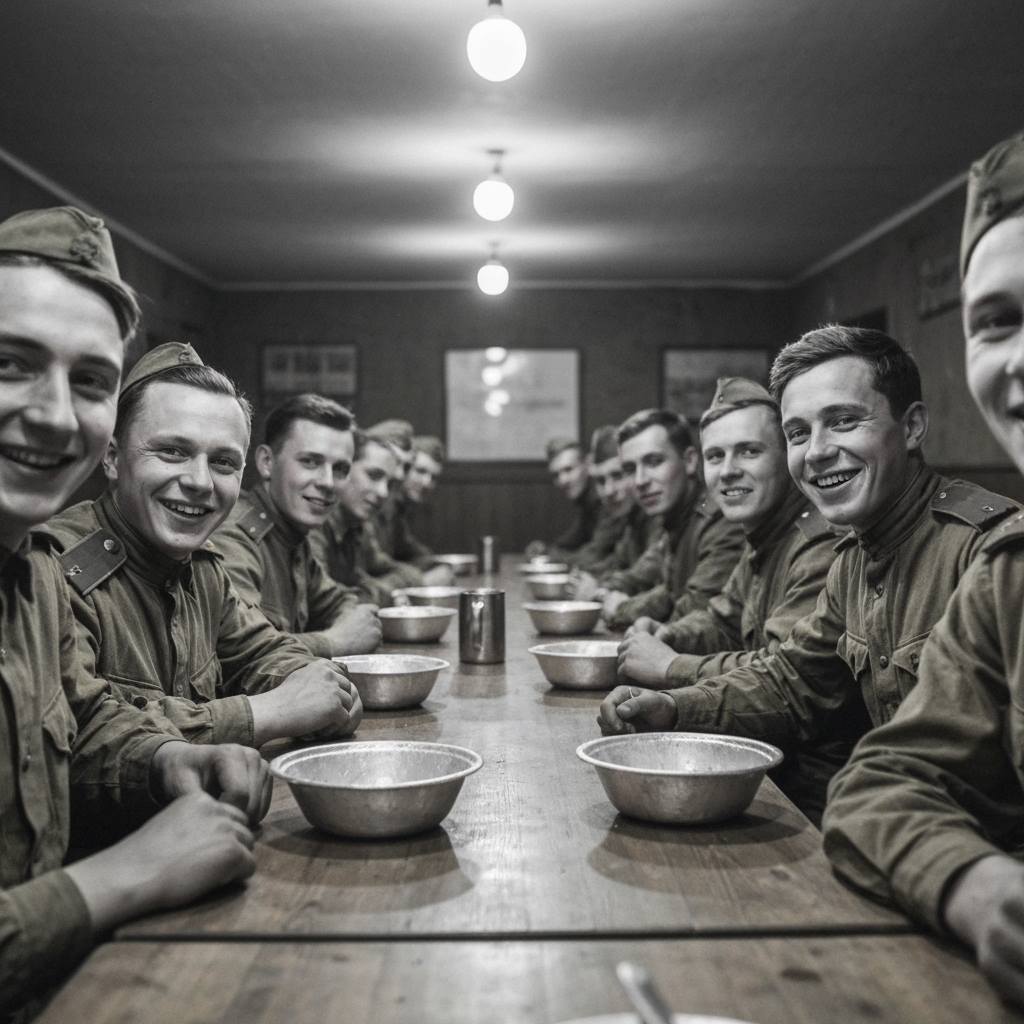 Солдаты в столовой Советской Армии с алюминиевой посудой