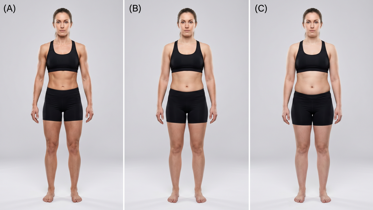 а) Мышечная масса в норме, а подкожно-жировой клетчатки мало  в) Мышечная масса в норме, подкожно-жировая клетчатка в норме с) Дефицит мышц, а подкожно-жировая клетчатка в норме
