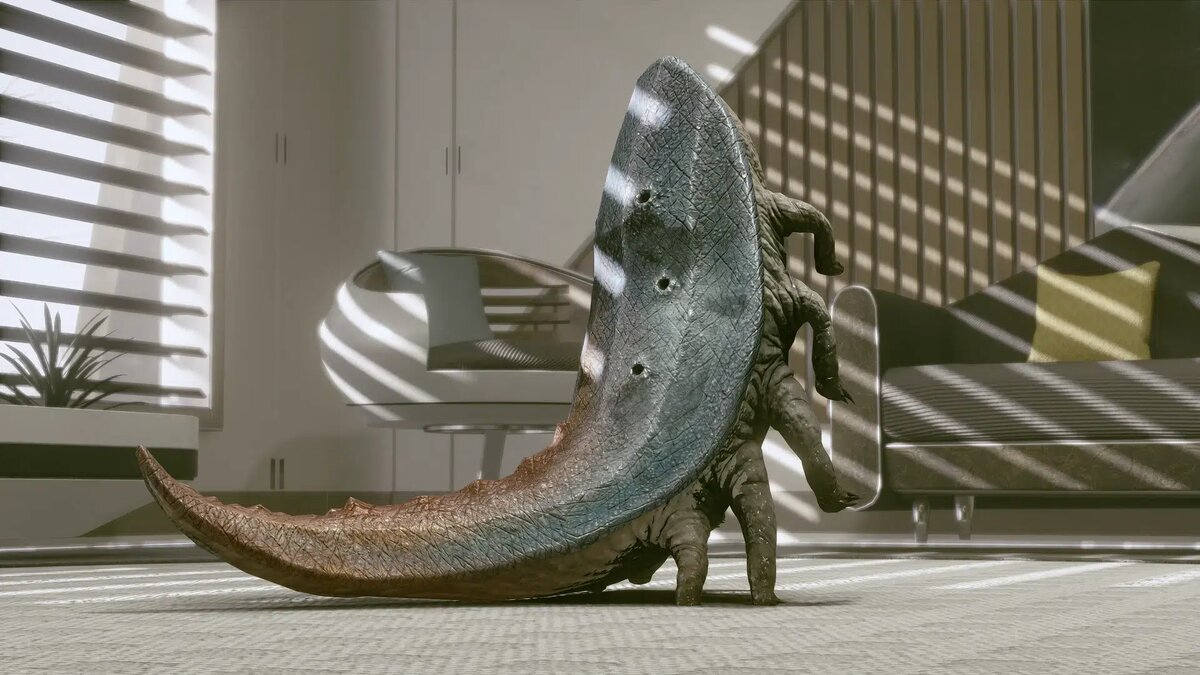    Dinosaur-like model in a modern living room with a skateboard nearby and striped light on the floor.