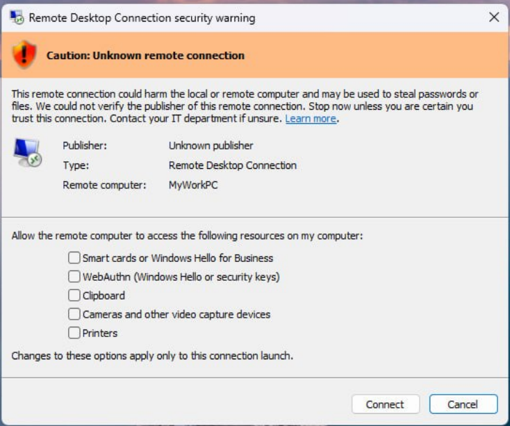 Сообщение при попытке подключения к удаленному рабочему столу: Remote Desktop Connection security warning