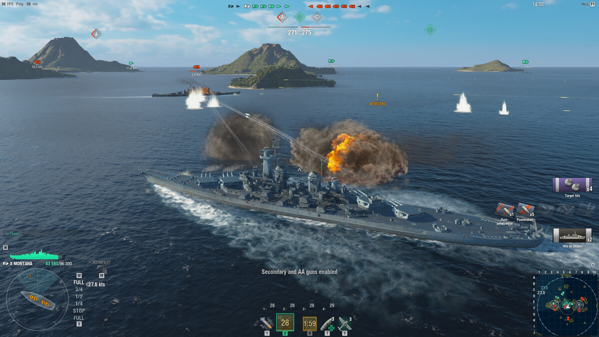 Залп главного калибра в World of Warships — визуальная часть воспроизведена кинематографически, но реальная точность была в десятки раз ниже