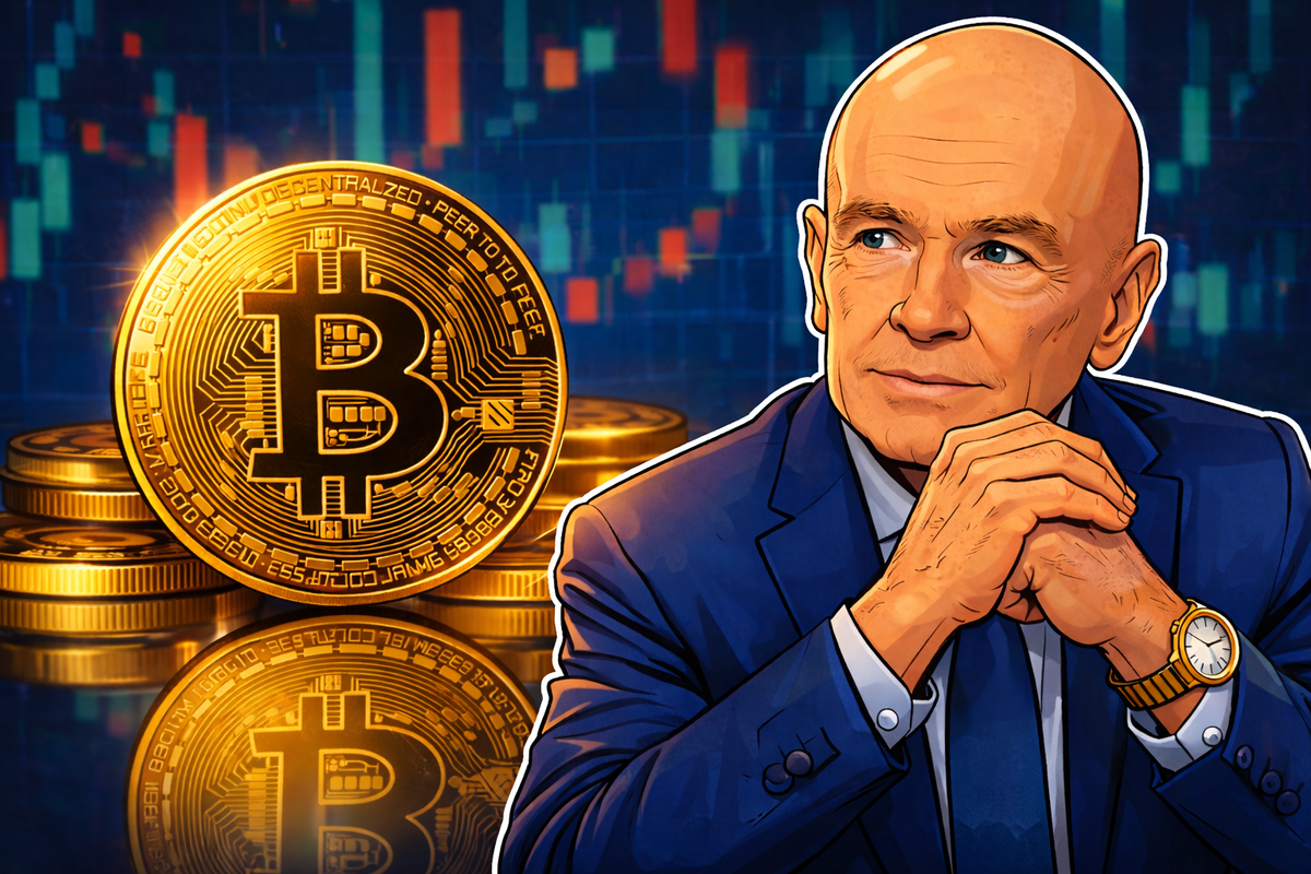 Портрет Марка Мобиуса на фоне логотипа Mobius Capital Partners и символов криптовалют.
