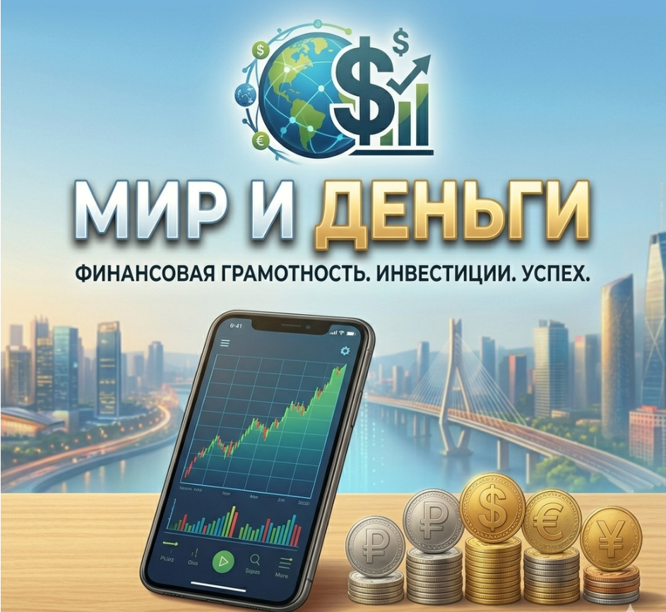 Мир и деьги. Смартфон, с экрана которого, как из рога изобилия, вылетают монеты с логотипами популярных подписок (кино, музыка, облако), образуя денежную воронку. Это часть глобальной финансовой системы.