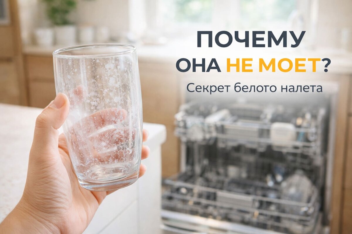 Белый налет на стакане после посудомойки: почему капсулы «всё в одном» не справляются с жесткой водой.