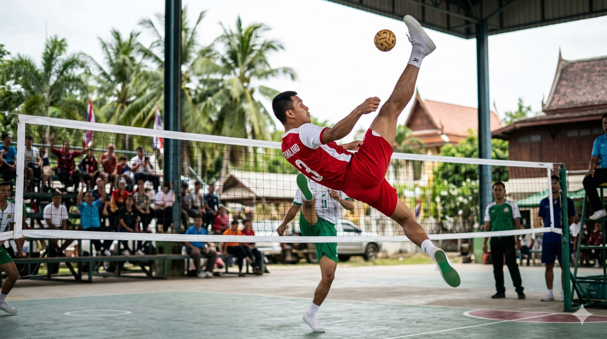 Полет над сеткой: Как играют в Сепак-такрау, (тайский кикбокс с мячом). Изображение сгенерировано с помощью ИИ.