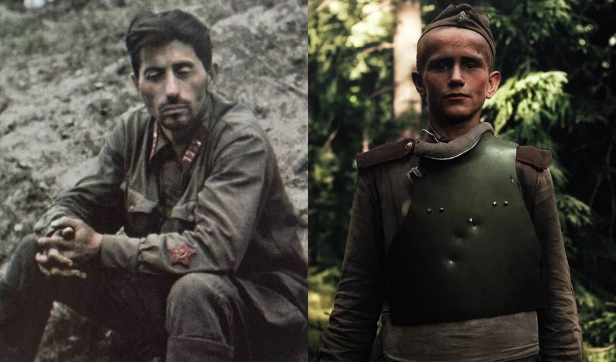 Слева: Мириан Леванович Одишария. Военный комиссар 148 Стрелковой (впоследствии — Черниговская Краснознамённая ордена Суворова) дивизии 45-го стрелкового корпуса РККА. Участник Великой Отечественной войны. Полковой комиссар. Стал известен благодаря опубликованной в 2015 году фотографии во время нахождения в плену. Узник нацистских лагерей. По официальным данным ЦАМО считается пропавшим без вести условно с 1942 года. В 2015 году в Германии вышла книга военного врача 3-й танковой дивизии вермахта Германа Турка о Второй мировой войне. В этой книге опубликована фотография комиссара перед расстрелом. Фото снял сам Герман Турк. Другая версия гласит, что комиссар погиб в плену позднее. Справа: советский военнопленный в стальном нагруднике СН-42, 1944 год. Пленён финнами, буквально за пару месяцев до перемирия (Московского, сентября 1944-го). Так что у него шанс выжить довольно высокий. 