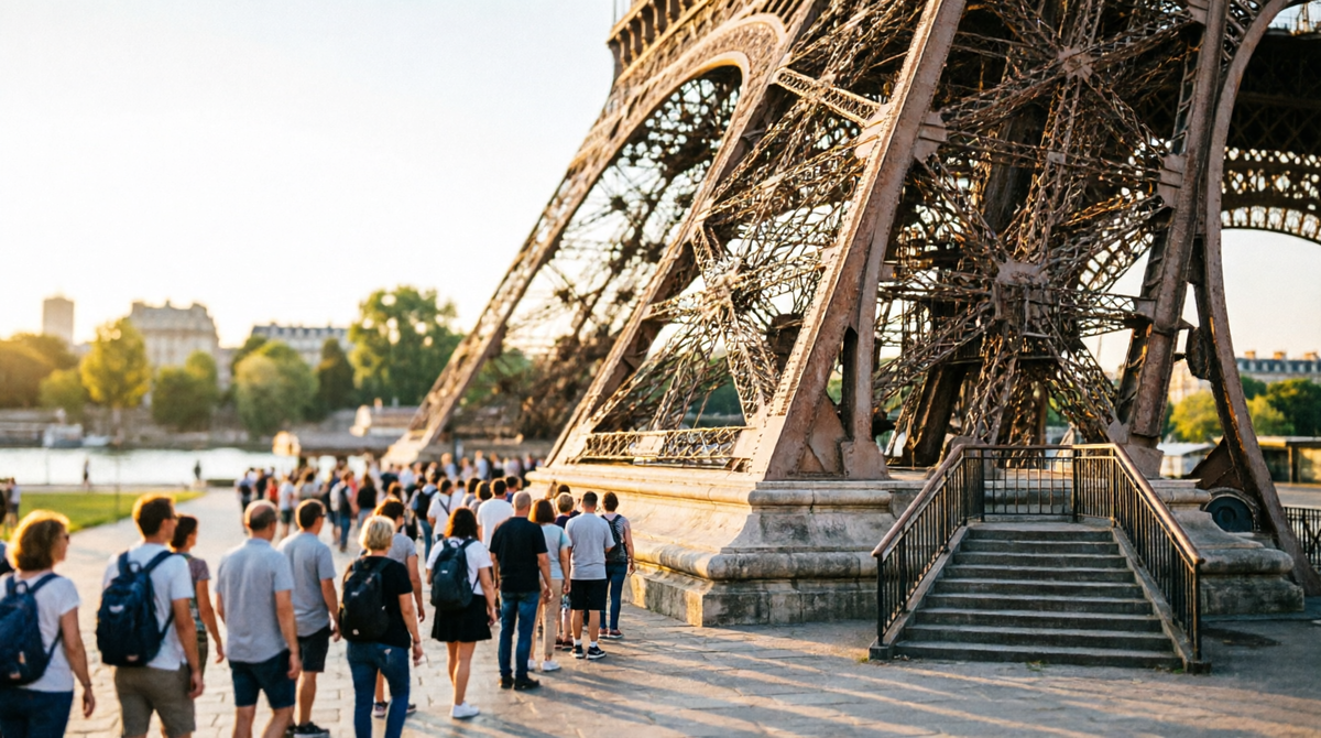 Очередь к лифтам у Эйфелевой башни — и почти пустой вход на лестницу рядом