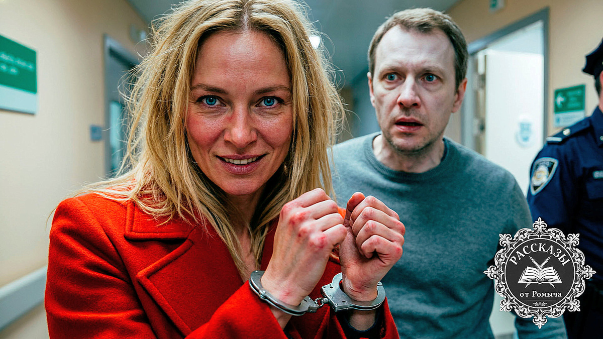 Женщина, голубые глаза, светлый блонд. На ней надето ярко-красное дорогое кашемировое пальто, которое резко контрастирует с тусклым окружением. На её запястьях застегнуты стальные наручники. Лицо выражает холодную ярость и торжествующий оскал хищника.