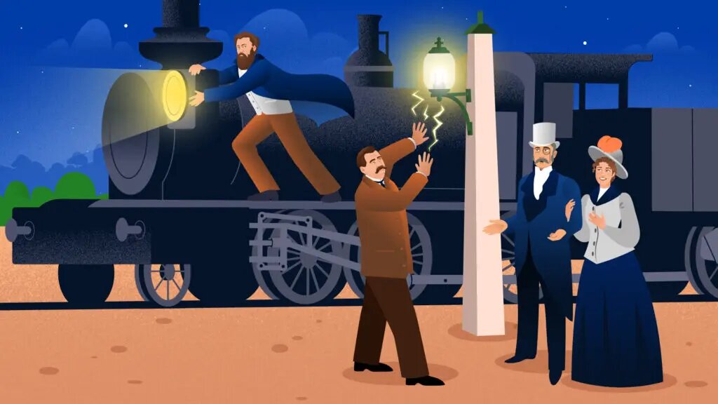    Павел Яблочков вручную настраивает прожектор на движущемся поезде, пока Александр Лодыгин демонстрирует свое изобретение людям