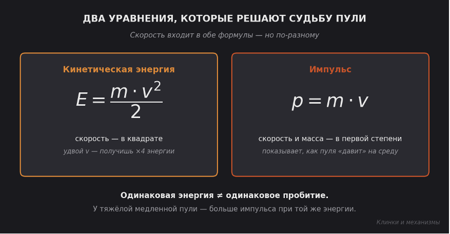 Энергия и импульс. Скорость входит в обе формулы, но по-разному: в энергию — в квадрате, в импульс — в первой степени. Именно поэтому тяжёлая пуля при меньшей скорости может «давить» на материал сильнее лёгкой.
