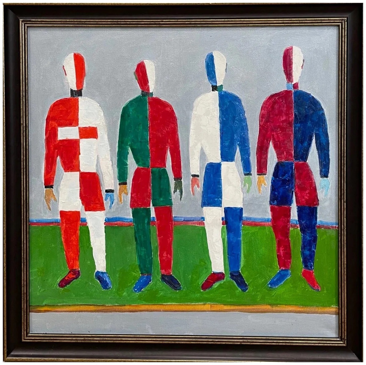 На белом фоне представлены четыре мужские фигуры, выполненные в условно-плоскостной манере, характерной для абстракционизма. Все персонажи обращены к зрителю и изображены с опущенными руками, их лица не прорисованы. Одежда фигур различается по цвету, что подчёркивает использование разнообразной цветовой гаммы.
