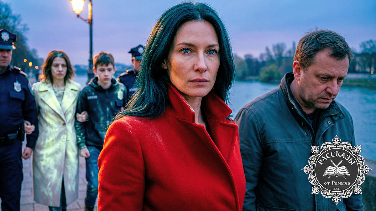 Женщина с иссиня-черными волосами и пронзительными васильковыми глазами, одетая в роскошное ярко-красное кашемировое пальто с поднятым воротником. Она стоит с холодным, торжествующим выражением лица. Рядом с ней подавленный мужчина-славянин 45 лет в тусклой куртке, смотрящий в пустоту. На заднем плане, в расфокусе, полиция уводит молодого парня-подростка и женщину в дорогом, но испачканном светящимся порошком пальто слоновой кости.