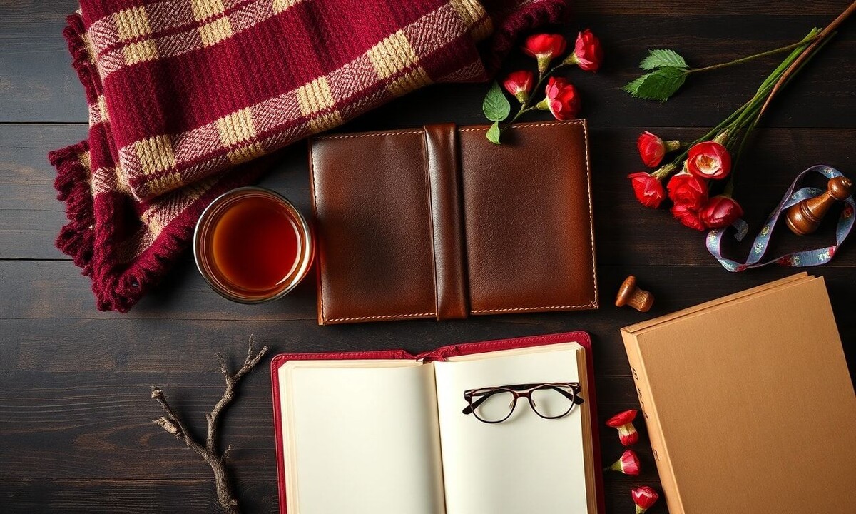 Идеи подарков ветерану на 9 мая без банальностей - тёплый плед, фотоальбом, стакан чая в подстаканнике и букет гвоздик на деревянном столе