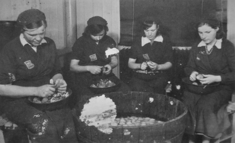 Советские подневольные работницы («остарбайтеры» в нацистской терминологии) чистят картофель на кухне оружейного завода в Берлине.