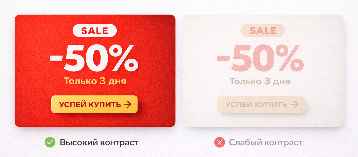 Что происходит:
- сначала взгляд цепляется за самый яркий или крупный элемент;
- затем мозг решает: «это важно?»;
- только потом — текст и смысл.
Вывод для дизайна:
- один главный акцент (не три, не пять);
- высокий контраст = выше шанс быть замеченным;
- слабый контраст = реклама исчезает.