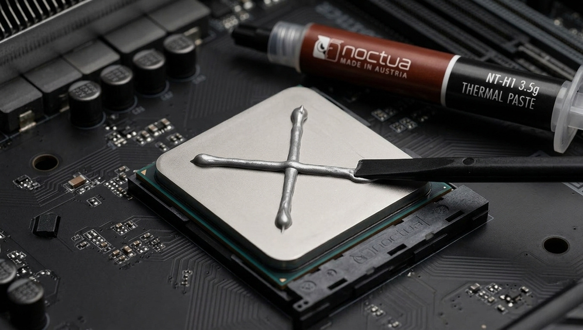 Процесс нанесения термопасты на теплораспределительную крышку процессора