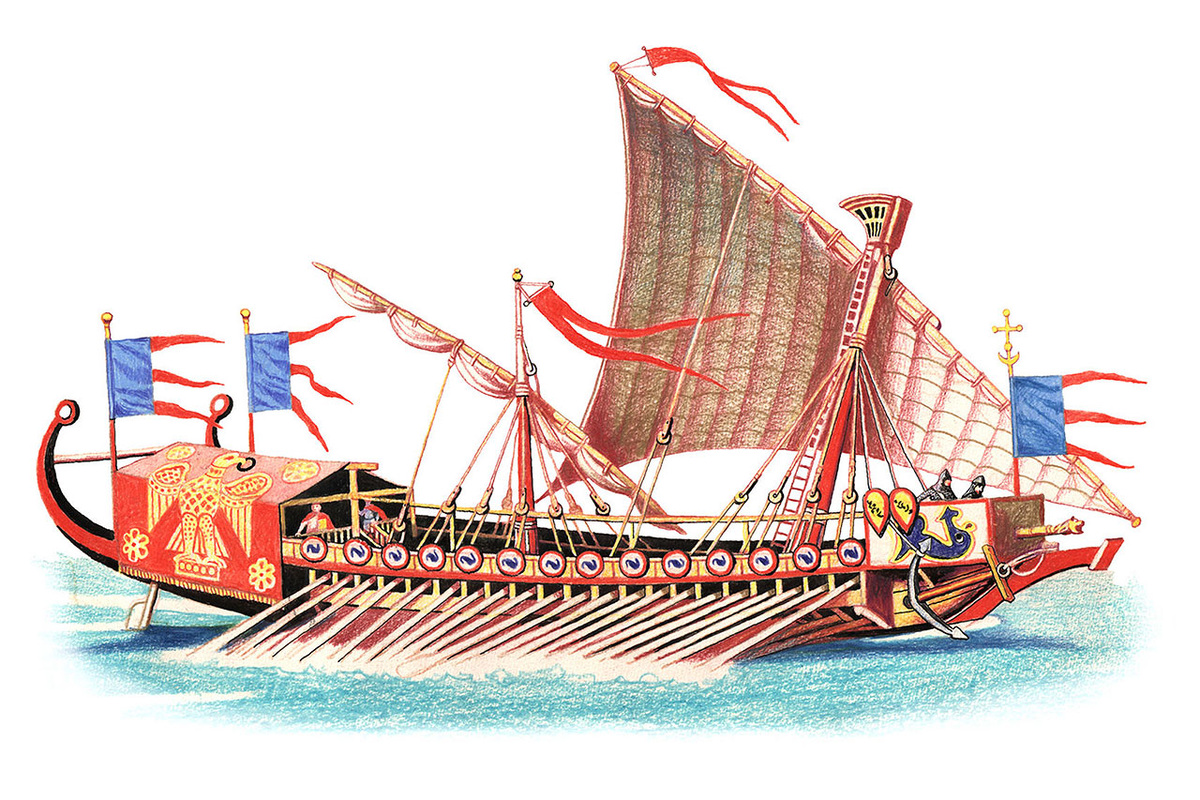 Византийский дромон — главный носитель греческого огня. На носу — бронзовый сифон, способный выбросить струю пламени на 30 метров