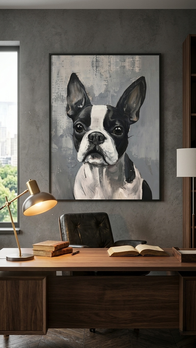 Интерьерная картина, "Бульдог на сером холсте", 90х120 см, художник Светлана Алейникова, Россия