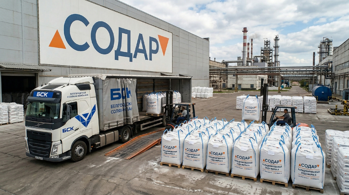 Отгрузка кальцинированной соды SODAR (СОДАР) от БСК. Машина загружается Биг-бэгами по тонне — марка А (тяжёлая) и марка Б (лёгкая). 