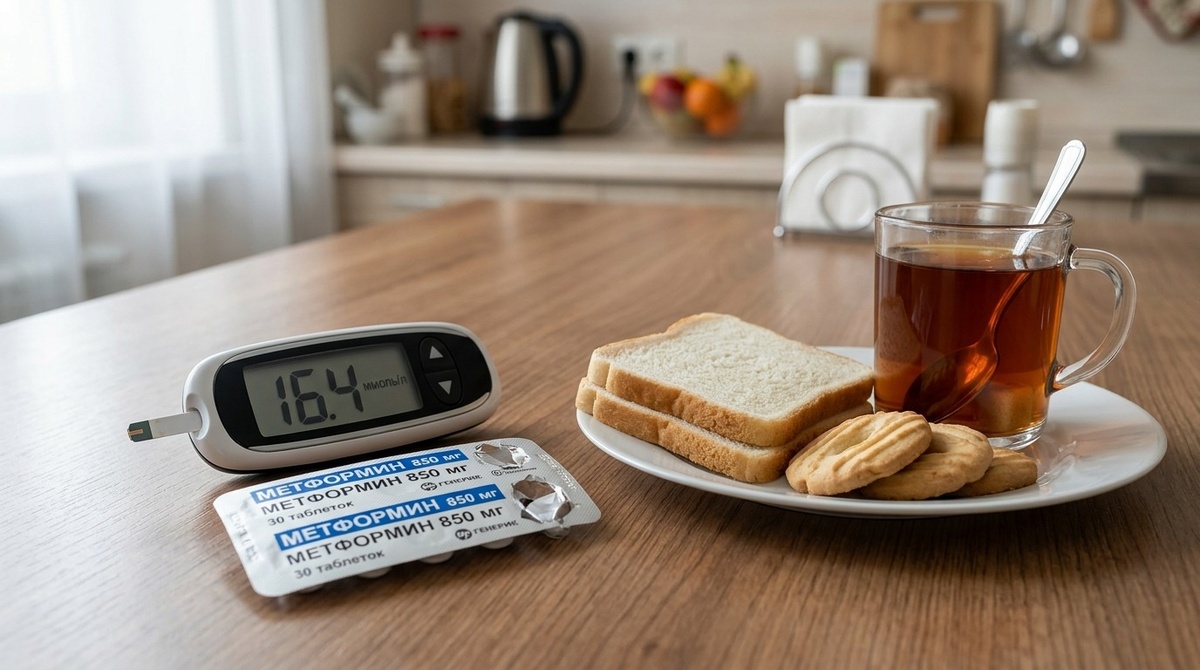 Сладкий кофе, печенье «всего пару штук», нормального обеда нет, вечером сильный голод и большая порция гарнира с хлебом.