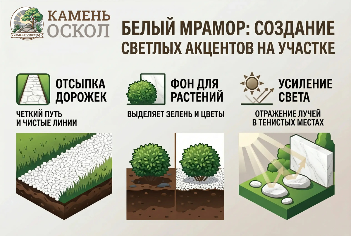 Белый мрамор для ландшафтного дизайна