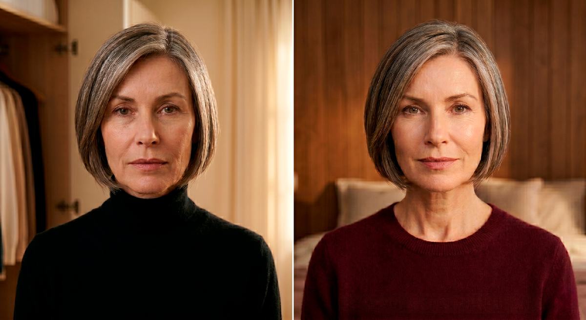 Слева - чёрная водолазка. Справа - бордовый джемпер. Та же женщина, а результат на лицо.