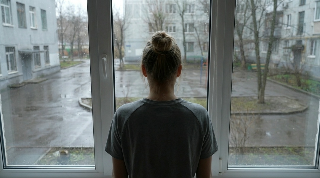 Тишина. Только еле слышный городской шум за стеклом — машины вдалеке, капли по подоконнику. Ощущение остановившегося времени.