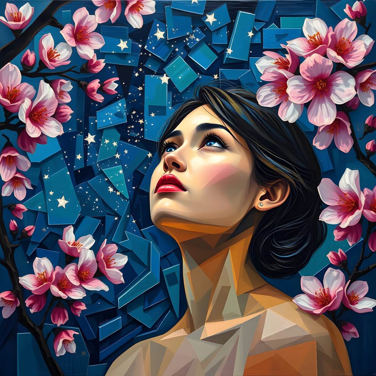 Сакура и звёзды. Иллюстрация создана с помощью нейросети Flux Schnell.