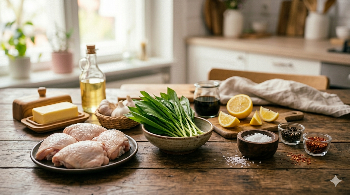 Куриное филе или бёдра без кости — 500 г.                  Черемша — 200 г (большой пучок).                                Чеснок — 2 зубчика.                                                                                                                           Масло растительное — 2 ст. ложки.                              Масло сливочное — 1 ст. ложка.                                     Соевый соус — 1 ст. ложка.                                             Лимонный сок — 1 ч. ложка.                                          Соль, перец чёрный — по вкусу.                                          Перец красный хлопьями — щепотка (по желанию).                                                                                 