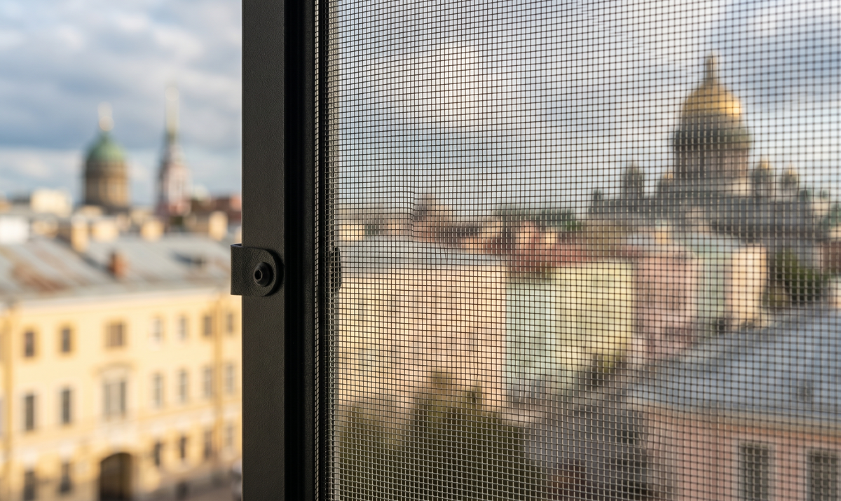 Полотно москитной сетки с мелкоячеистым плетением для защиты от мошки.