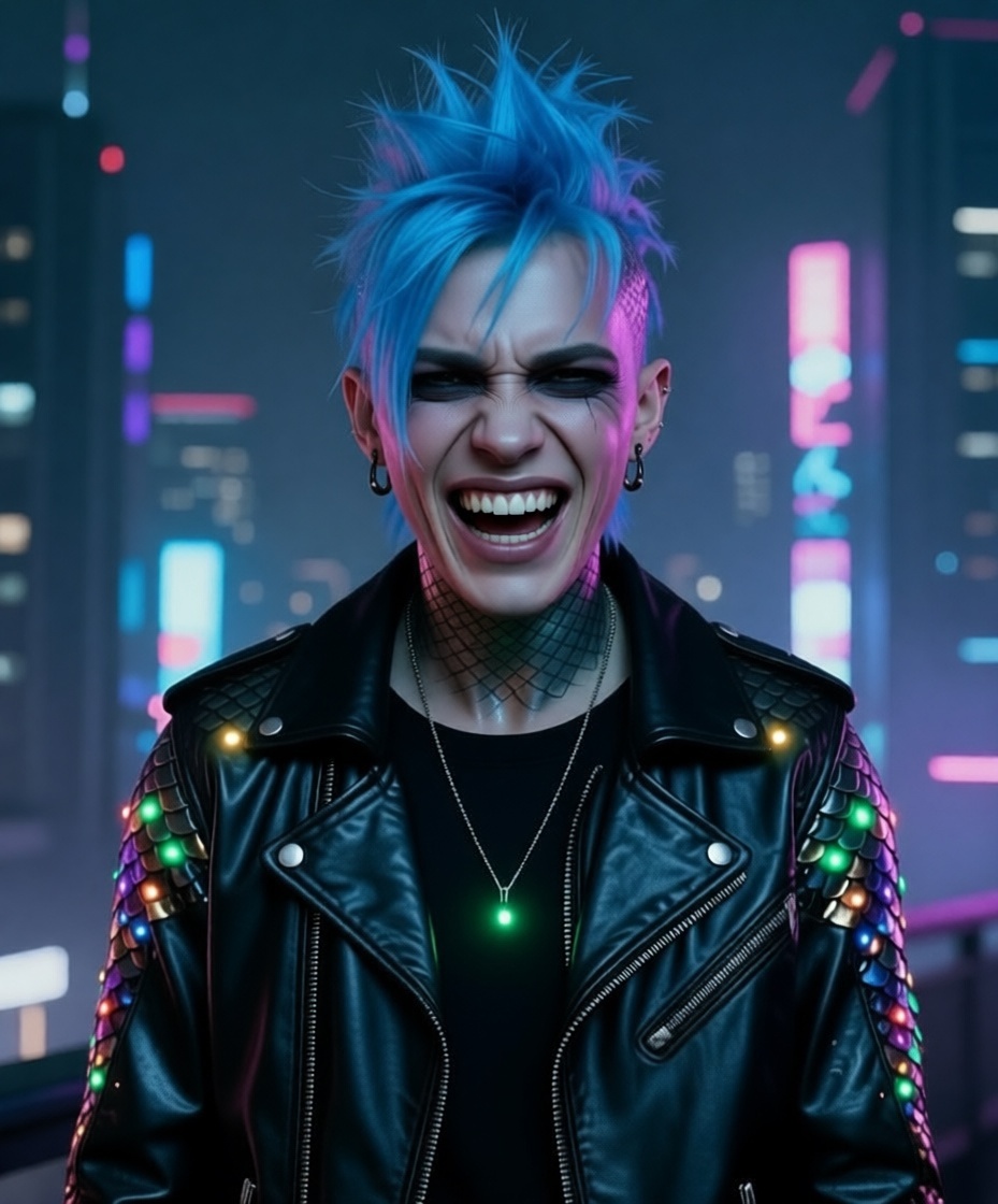 Парень киберпанк, кожаная куртка, чешуя на шее, злобный смех.